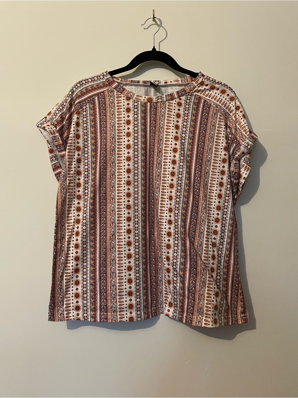 Striped Pattern Short Sleeve Top - Brown & Cream